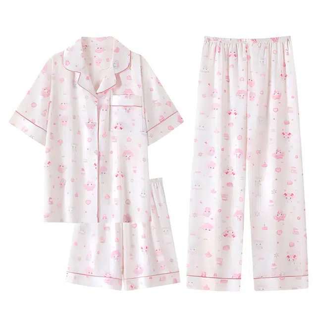 俞兆林 甜美时尚雪花卡通柔软亲肤冰丝短袖可爱少女舒适休闲睡衣套装 女款 粉色