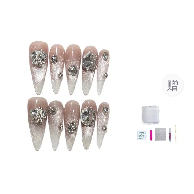 几多萌 纯手工穿戴甲高级感冰透脏脏细闪猫眼合金蝴蝶结爱心爆闪美甲  尖型长款粉色渐变