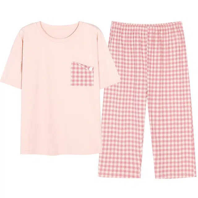 莫代尔 可外穿时尚经典休闲韩版舒适简约亲肤透气短袖七分裤家居服睡衣套装 女款 粉红色