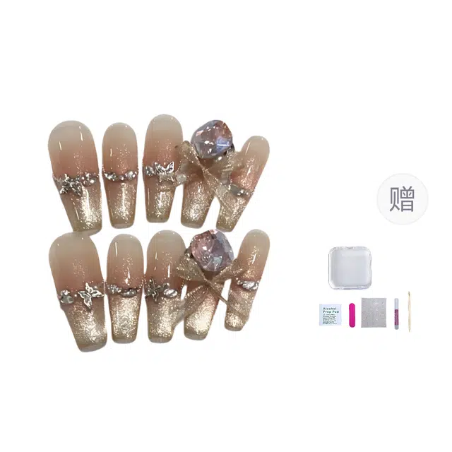 几多萌 穿戴甲片纯手工埃及法老女王假指甲贴片爆闪蝴蝶钻 奢华闪耀优雅精致  梯型长款金色晕染