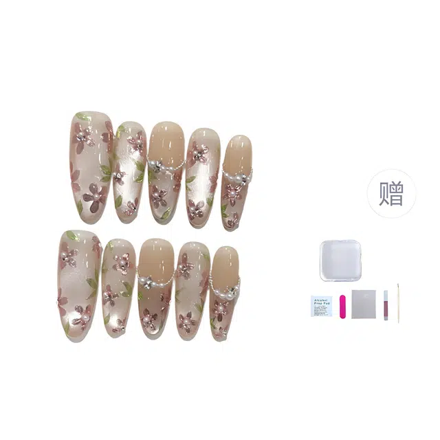 几多萌 手工穿戴甲高级法式冰透猫眼手绘魔镜小花珍珠美甲可拆卸  椭圆长款透色裸色