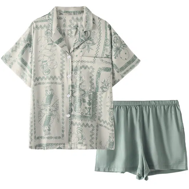 都市丽人 舒适翻领短袖上衣家居服可外穿三分裤睡衣套装 女款 军服蓝