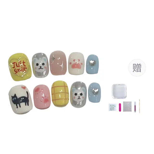 几多萌  卡通跳色   可爱手绘猫咪 卡通美甲假指甲贴片  短方圆多巴胺跳色