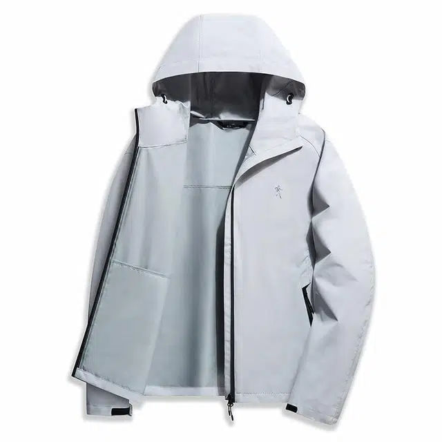 与狼共舞 四级防水科技 户外登山休闲抗皱连帽纯色字母防风抽绳拉链轻薄外套夹克 男款