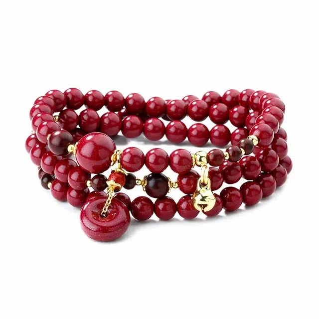灵菲 原创设计平安扣铃铛多圈 新中式本命年小众招财转运吉祥安康福运#好运 再造辰砂朱砂 手串 女款