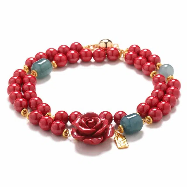 【一路生花】 灵菲 新中式原创设计帝王砂玫瑰花转运珠 本命年小众中国红招财纳福转运考研考公上岸#好运 再造辰砂朱砂 手串 女款