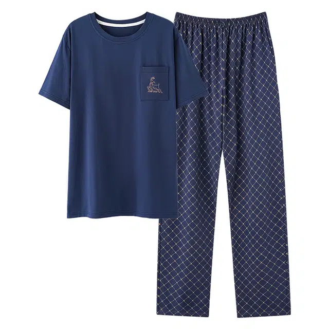 莫代尔 舒适透气简约圆领百搭短袖上衣可外穿居家服长裤睡衣套装 男款 深蓝色