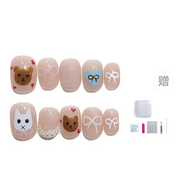 几多萌 纯手工穿戴甲短款手绘卡通法式可爱动物美甲可拆卸假指甲贴片  短方圆粉色裸色