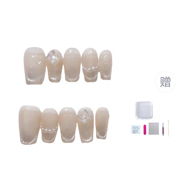 几多萌 美甲穿戴甲美甲贴片成品法式晶石猫眼轻奢蝴蝶  短梯裸色晕染