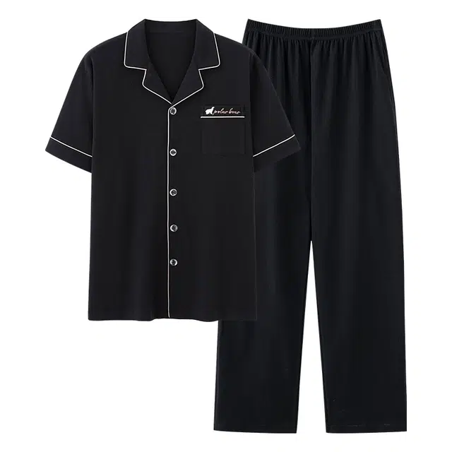 莫代尔 韩版个性大方简洁翻领开衫时尚不易起球短袖长裤睡衣套装 男款 黑色