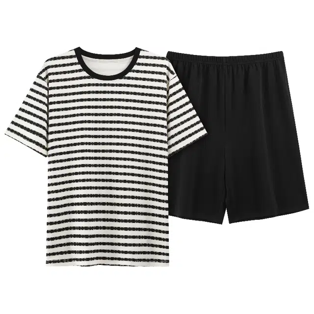 俏霓桐 条纹圆领可外穿短袖五分裤睡衣套装 男款 图色