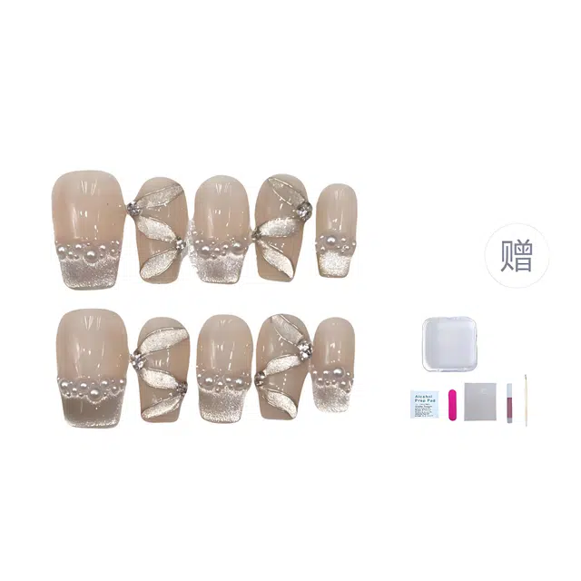 几多萌 手作纯欲轻奢风裸色猫眼法式飘带珍珠手工穿戴甲片  短梯米白色裸色