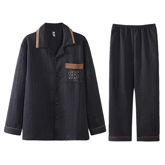 向薇 长袖空气棉夹层三层夹棉加厚长裤睡衣套装 男款 图片色