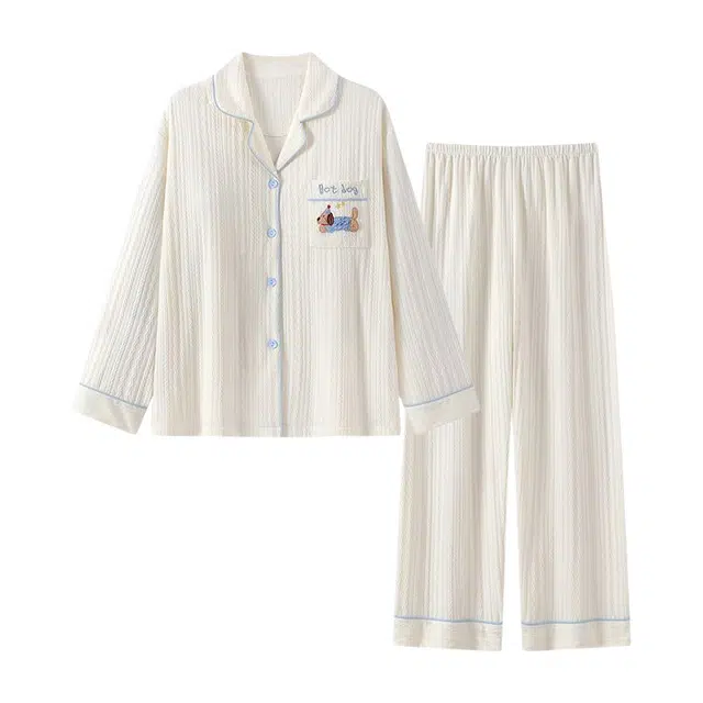 橡柠派 简约甜美小狗长袖长裤小清新可爱舒适开衫家居服睡衣套装 女款 白色
