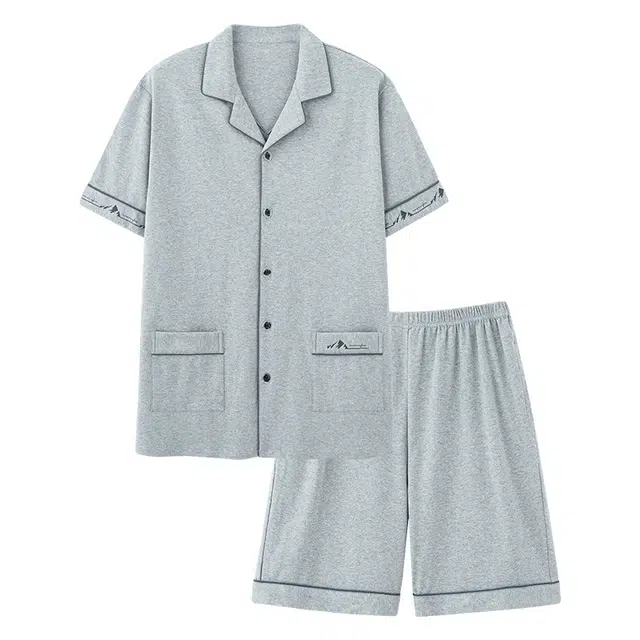莫代尔 柔软亲肤透气翻领开衫休闲简洁气质宽松舒适短袖可外穿夏季睡衣套装 男款 浅灰色