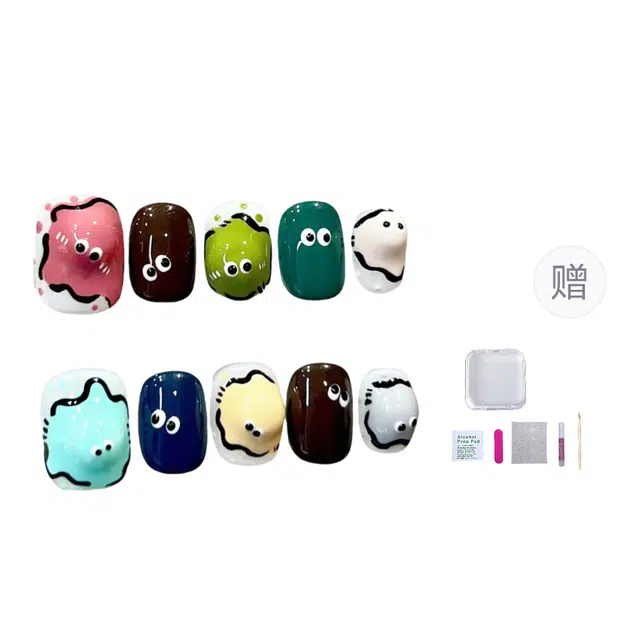 几多萌 穿戴甲纯手工美甲成品假指甲贴片搞怪卡通多巴胺可爱立体表情美甲  短方圆手绘彩色跳色