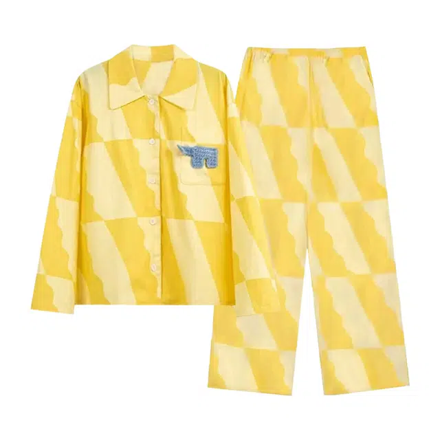 橡柠派 甜美长袖长裤简约时尚舒适小清新可爱家居服睡衣套装 女款 黄色