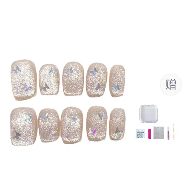 几多萌 手工美甲成品假指甲贴片蝴蝶  短短梯猫眼裸色