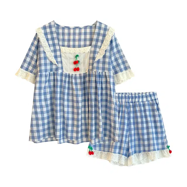 橡柠派 可爱甜美舒适小清新家居服睡衣套装 女款 浅蓝色