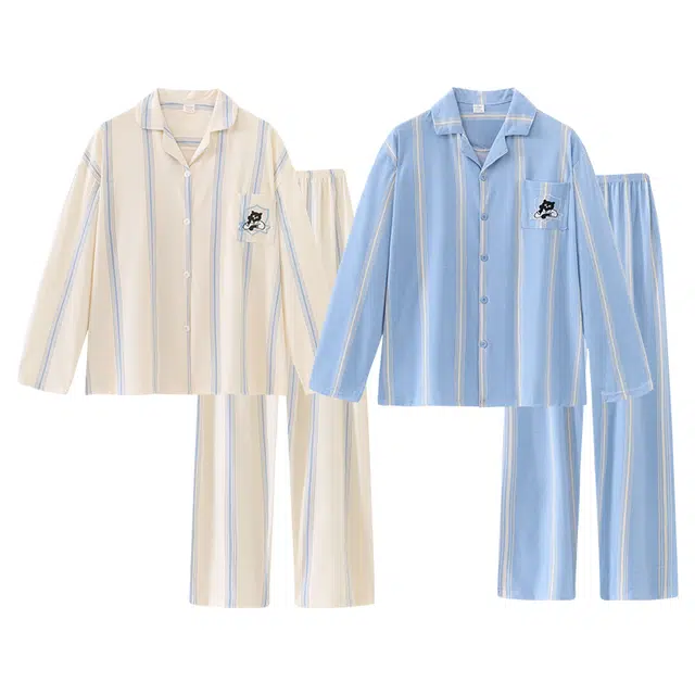 俏韵 休闲翻领条纹舒适长袖长裤家居服睡衣套装 男女同款