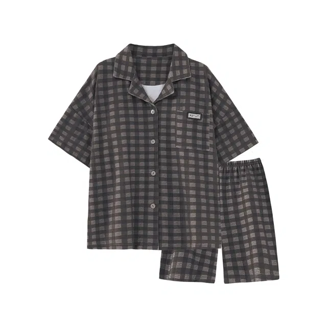 夏芬妍 柔软舒适休闲格子翻领开衫短袖亲肤时尚可外穿家居服睡衣套装 男女同款 灰棕色