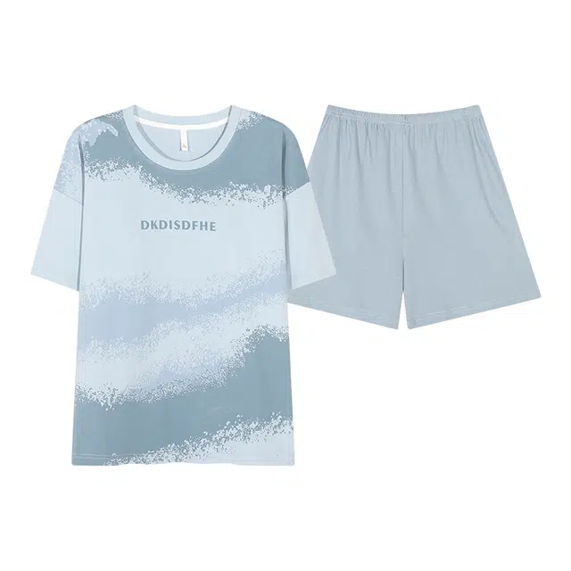 俏薇妮 简约柔软可爱时尚圆领带胸垫短袖高级感家居服休闲舒适凉爽透气可外穿睡衣套装 女款 浅蓝色