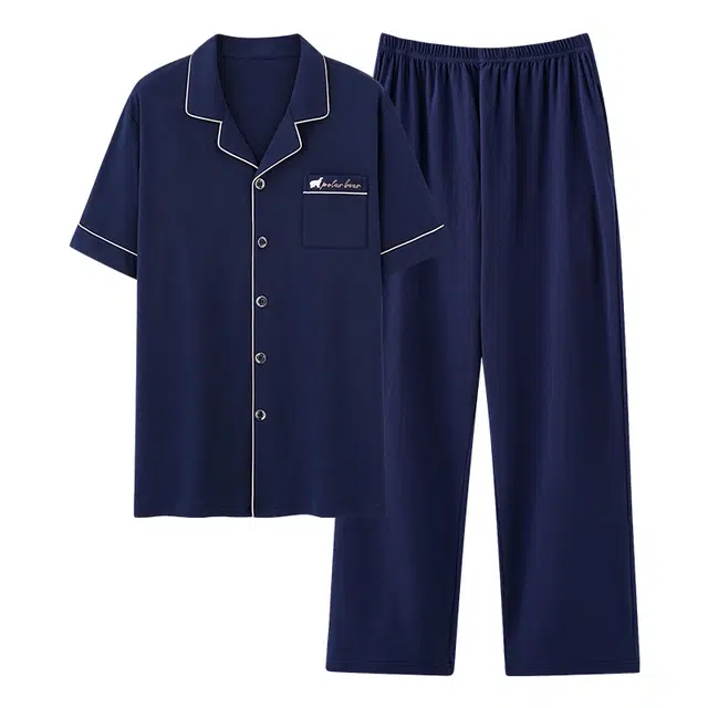 莫代尔 舒适翻领开衫韩版大方个性不易起球短袖长裤睡衣套装 男款 深蓝色
