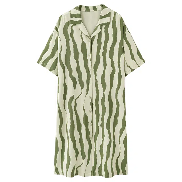 夏芬妍 简约亲肤不规则条纹纯棉开衫家居服舒适休闲短袖翻领时尚可外穿睡裙 女款 绿色