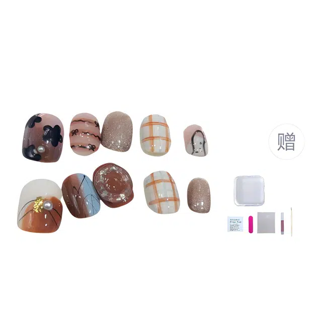 几多萌 穿戴甲纯手工美甲成品假指甲贴片焦糖美拉德手绘格子美甲  短方圆咖色跳色