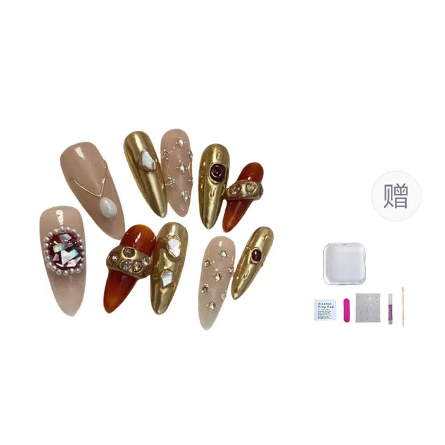 几多萌 穿戴甲纯手工美甲成品假指甲贴片高工魔镜金属感猫眼石裸色水滴甲  杏仁红色跳色