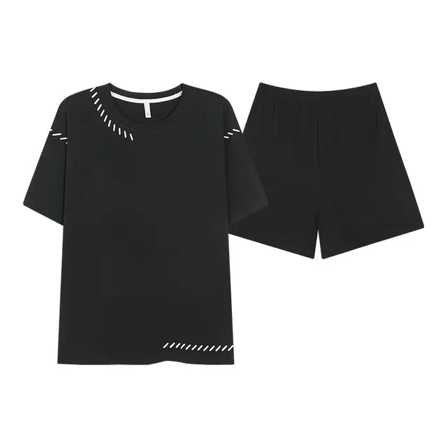 俏薇妮 纯棉简约柔软纯色时尚圆领带胸垫短袖高级感家居服休闲舒适凉爽透气可外穿睡衣套装 女款 黑色