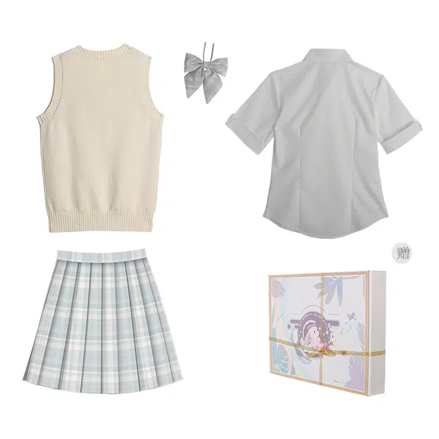 兔半眠 学院风甜妹马甲翻领衬衫短袖浅格裙制服 女款 套装（奶杏马甲+短袖修身衬衫+月见裙子）
