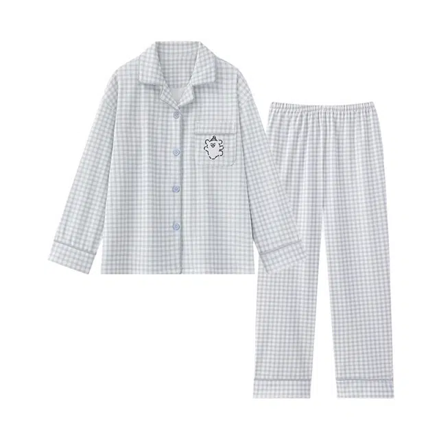 橡柠派 简约舒适长袖长裤可爱时尚甜美家居服睡衣套装 女款 米蓝格子