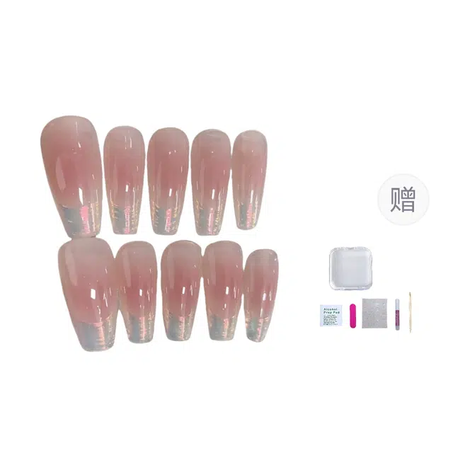 几多萌 手工美甲穿戴甲假指甲贴片美甲贴片极光褶皱法式  梯型长款粉色腮红晕染