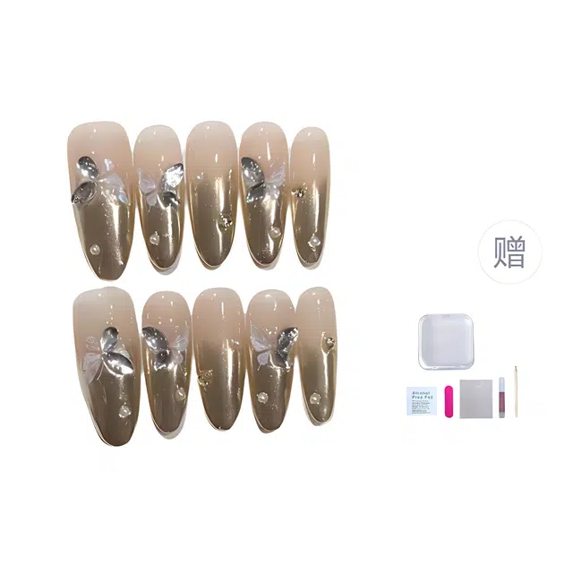 几多萌 魔镜法式幻彩蝴蝶穿戴甲纯手工美甲成品假指甲贴片可拆卸  椭圆长款金色渐变