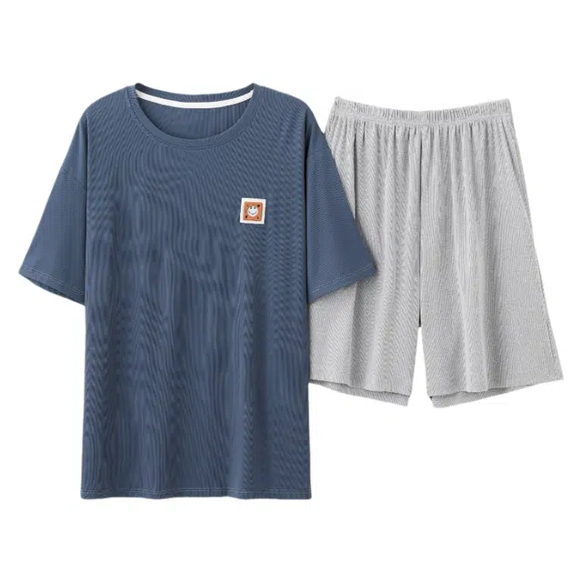 都市丽人 家居服薄款凉感休闲短袖可外穿睡衣套装 男款 藏青色