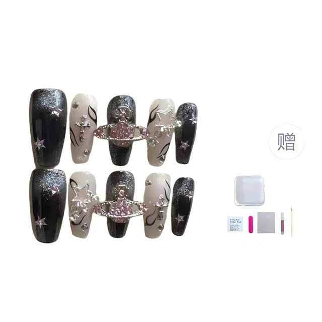 几多萌 手工美甲穿戴甲假指甲贴片辣妹系列爆闪粉钻环绕星球火焰追光猫眼  梯型长款黑粉跳色