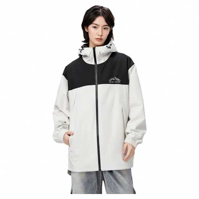 雅鹿 防风防水连帽长袖外套宽松舒适户外休闲夹克 男女同款 白色