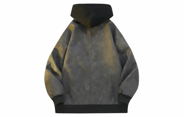 雅鹿 假两件皮质机车风纯色基础款防风工装外套宽松舒适休闲夹克 男女同款 黑色