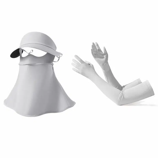 南极人 黑胶大帽檐全脸护颈面罩冰丝袖套手套一体护臂手袖夏季防紫外线透气遮阳口罩脸基尼骑行开车全方位防护 薄款 防晒袖 女款