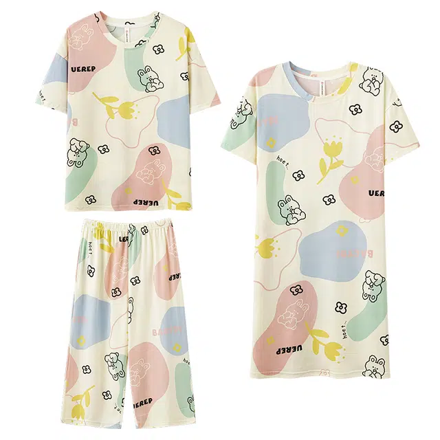 莫代尔 舒适透气百搭圆领短袖上衣亲肤细腻休闲长裤家居服可外穿睡裙睡衣套装 女款 杏色