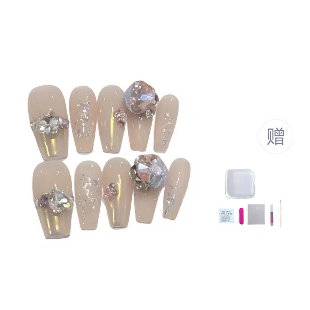 几多萌 穿戴甲手工甲片爆闪钻美甲成品亮片魔镜粉可拆卸  梯型长款透色裸色