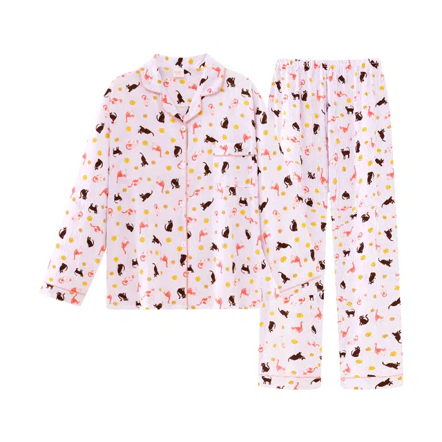 俏韵 翻领卡通满印长袖上衣家居服长裤睡衣套装 女款 图片色