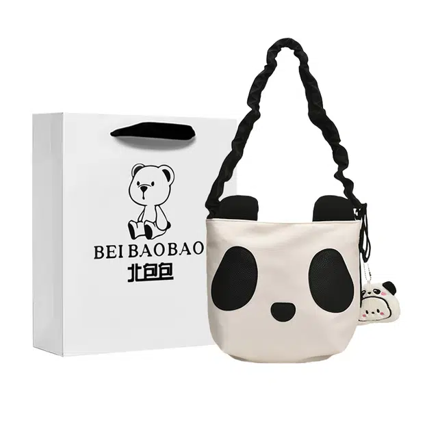 北包包 三色补丁熊猫抽绳百搭卡通可爱学 帆布 帆布包斜挎单肩包 常规 女款 白色