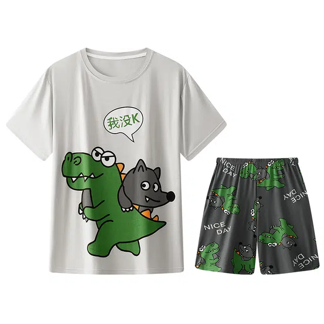 向薇 亲肤透气简约卡通短袖家居服睡衣套装 男款 图片色