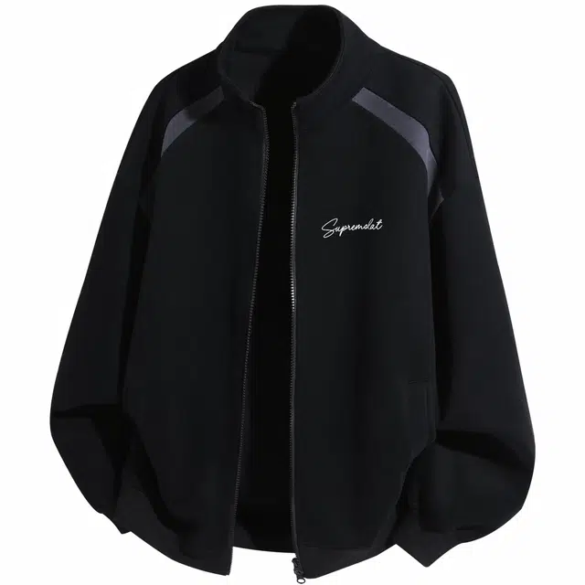 吾皇猫 学院风美式复古无性别穿搭简约百搭英文字母拼接设计感插肩袖立领运动外套开衫卫衣 男女同款