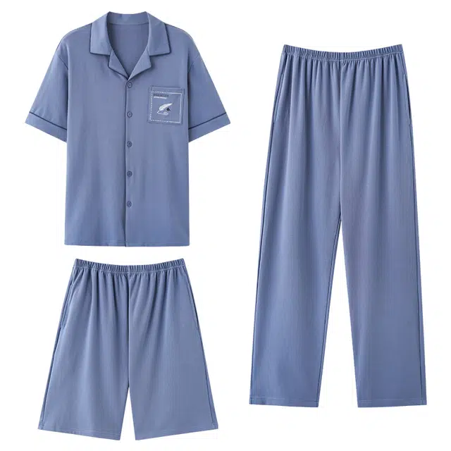 夏芬妍 简约舒适纯色纯棉翻领家居服亲肤宽松休闲短袖短裤长裤三件套时尚可外穿睡衣套装 男款 宝蓝色