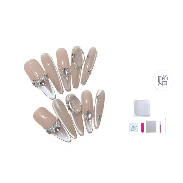 几多萌 冰糖公主手工穿戴甲 高级感偏光猫眼碎钻钢珠法式  椭圆长款纯色裸色