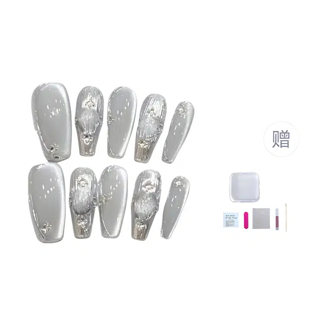 几多萌 布契拉提猫眼玻璃珠精致抛光优雅  穿戴甲 梯型长款银色晕染 法式