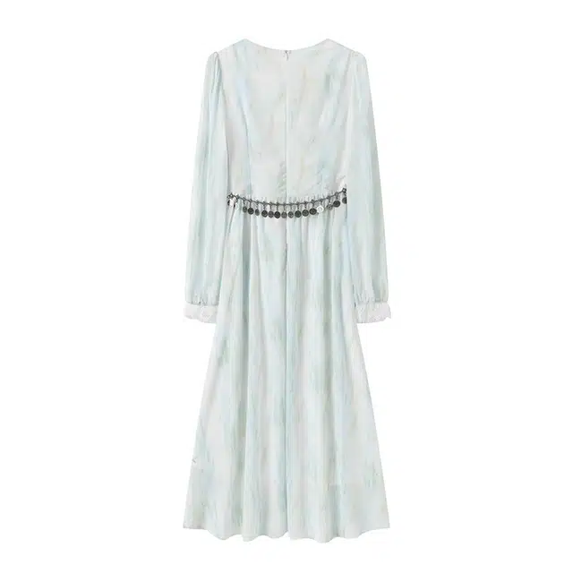 古莲菲 度假风海边茶歇法式温柔风收腰显瘦超仙女神范碎花气质连衣裙配腰链长袖连衣裙 女款 图色